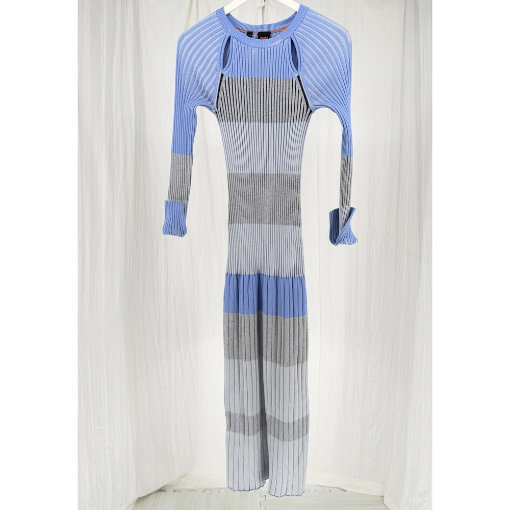BOSS Fhakira Rib Knit Bodycon Midi Dress Blue‎ Gray Size M